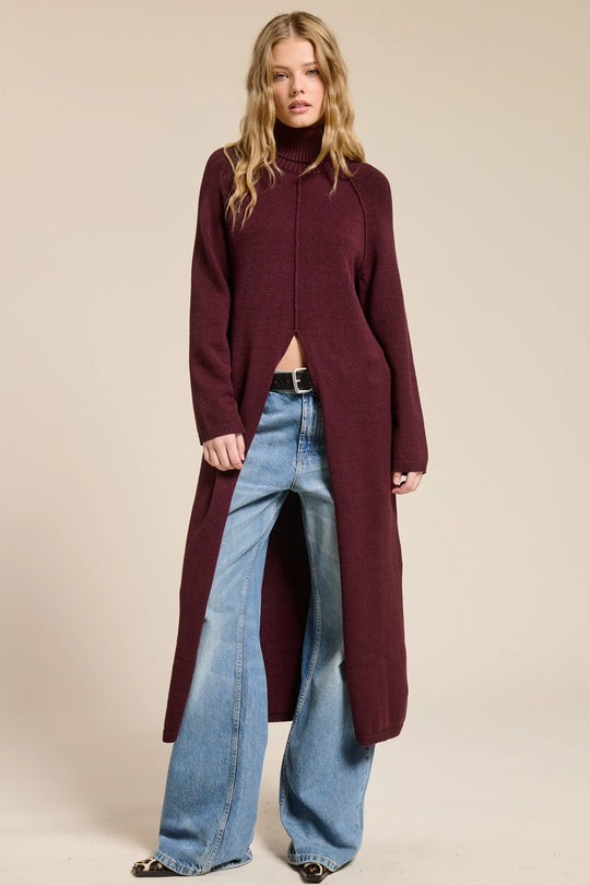Ribbed Turtleneck Tunic Sweater Dress with Slit