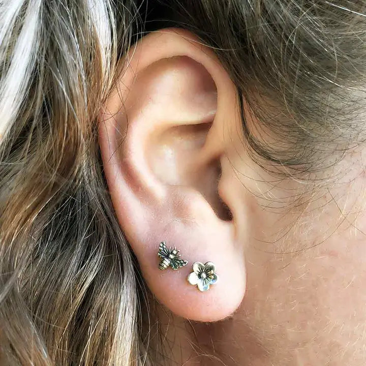 Sterling Mismatched Bee and Cherry Blossom Studs