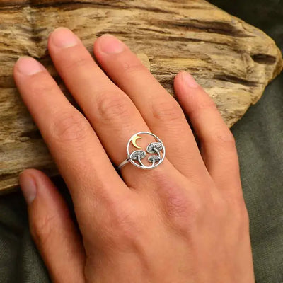 Circle with Bronze Moon + Mushrooms Ring