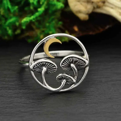 Circle with Bronze Moon + Mushrooms Ring