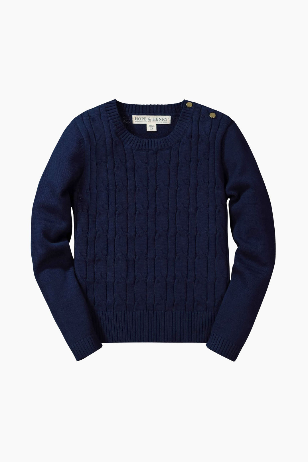 Navy blue cable knit sweater on a white background