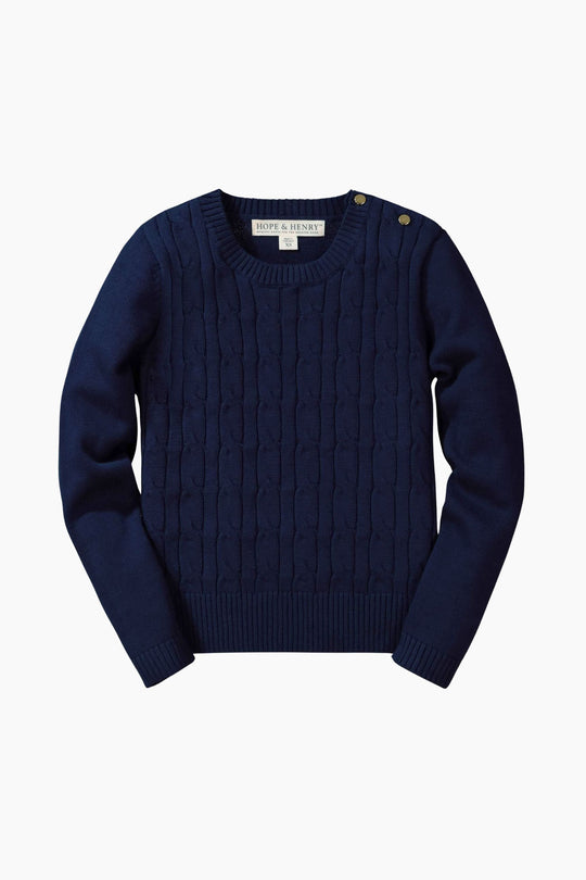 Navy blue cable knit sweater on a white background