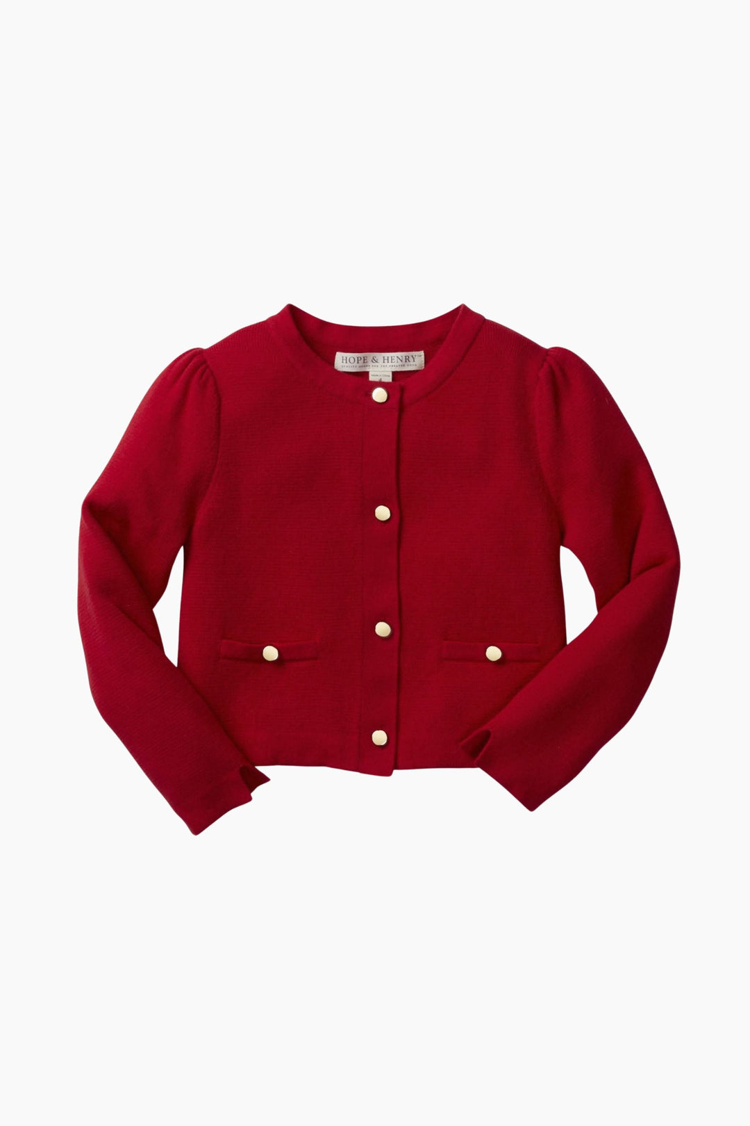 Red cardigan with white buttons on a white background