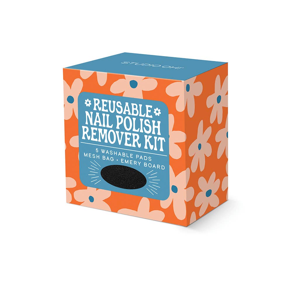 Reusable nail polish remover kit packaging with floral design on a white background