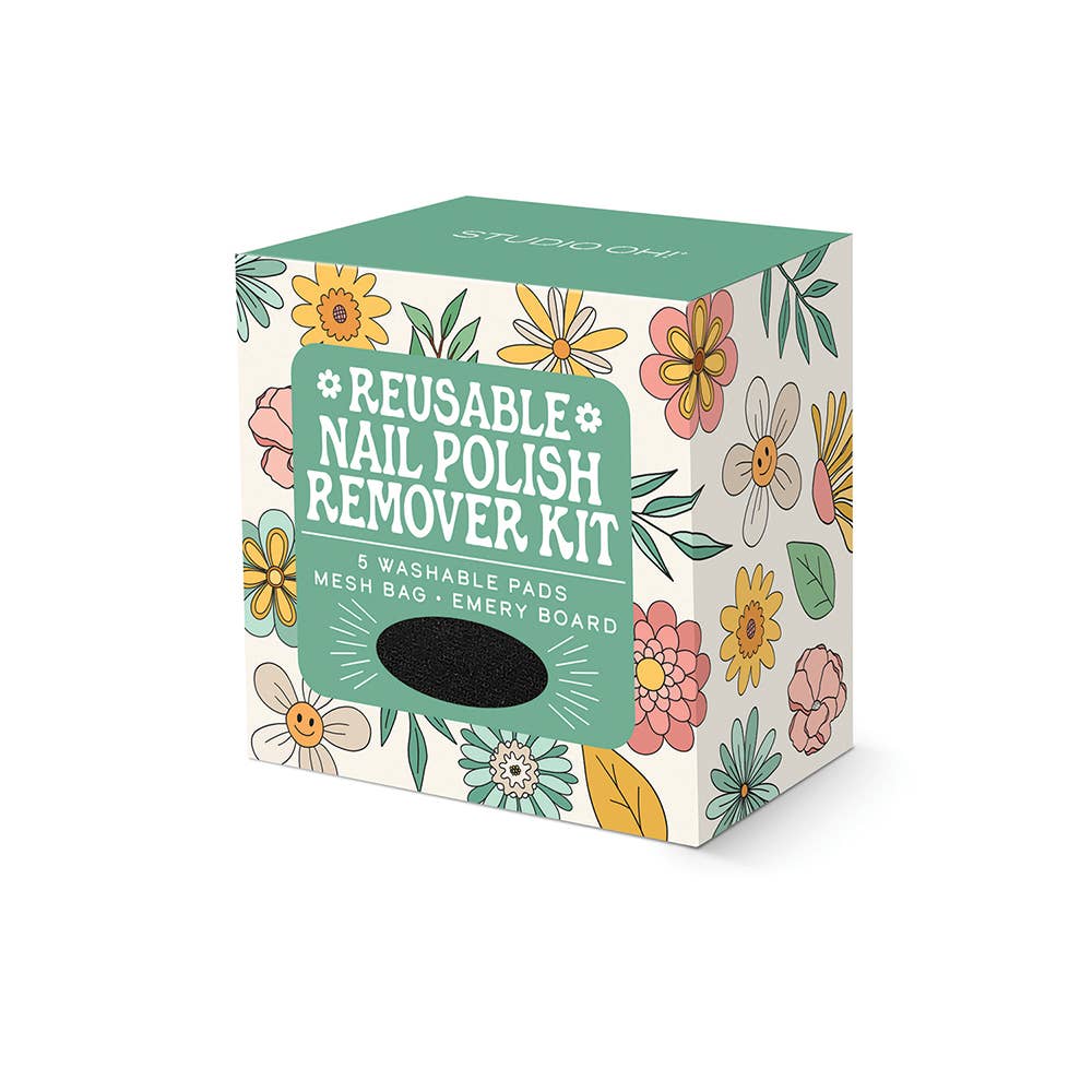Reusable nail polish remover kit packaging with floral design on a white background