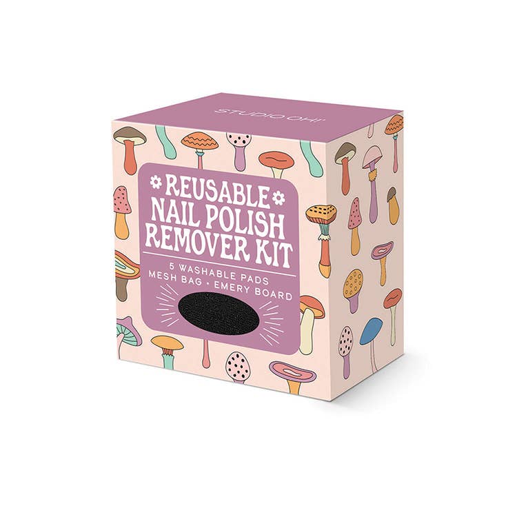 Reusable nail polish remover kit packaging with illustrations on a white background