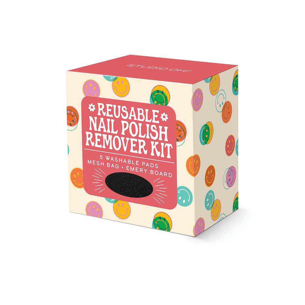 Reusable nail polish remover kit packaging with colorful design on a white background