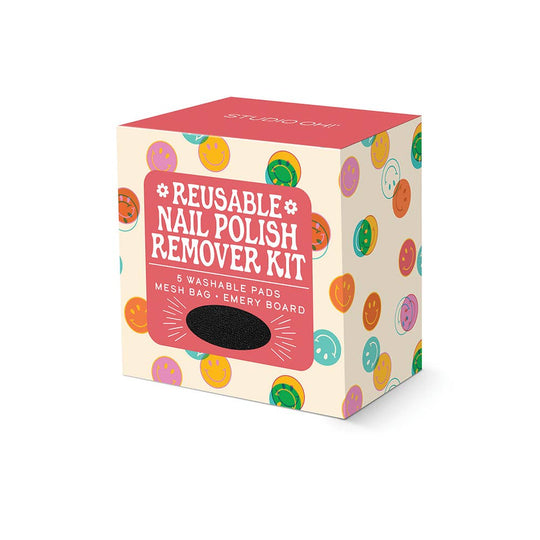 Reusable nail polish remover kit packaging with colorful design on a white background