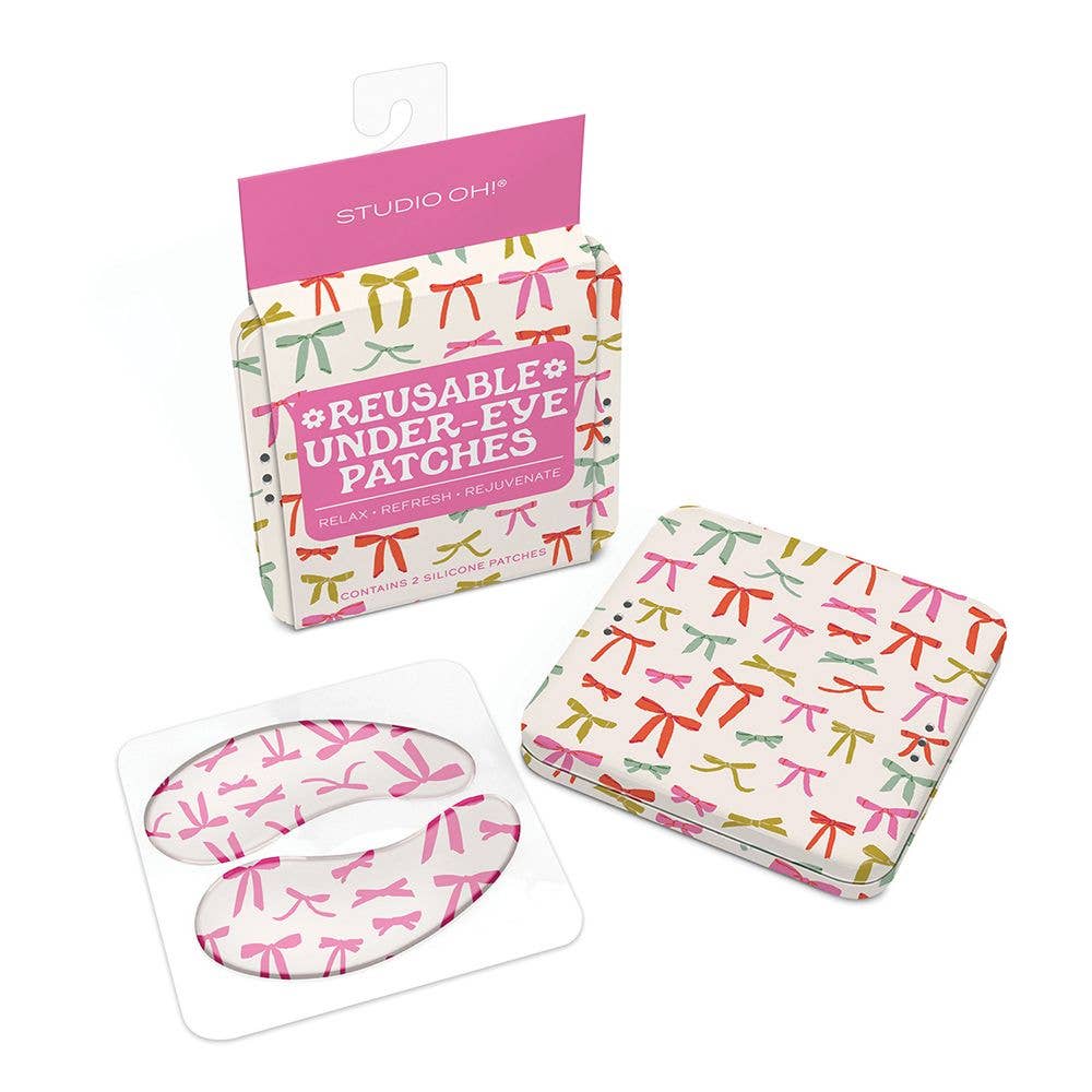 Reusable under-eye patches with colorful packaging featuring bows on a white background.