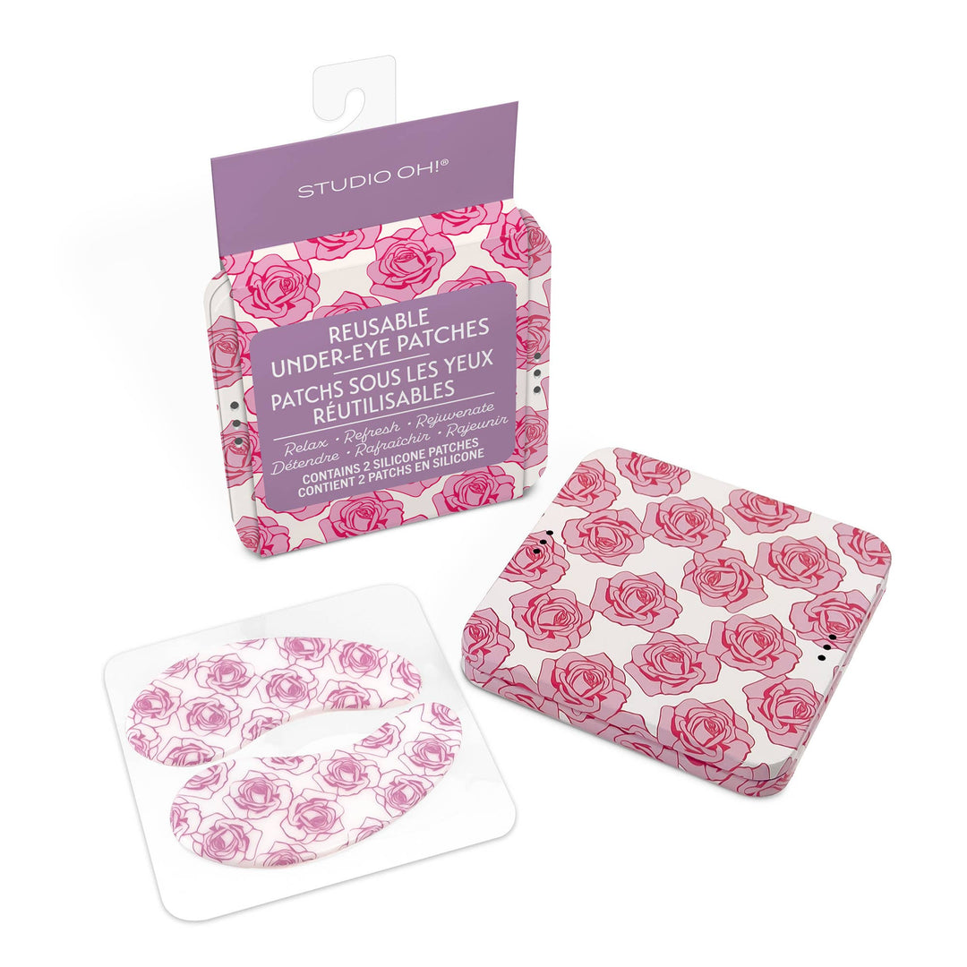 Reusable under-eye patches with pink rose pattern packaging on a white background