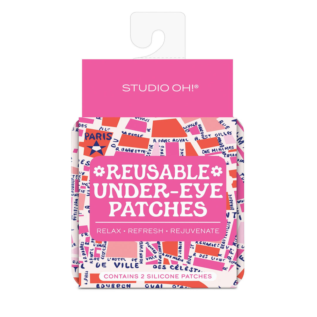 Pack of reusable under-eye patches with pink and multicolor design on a white background