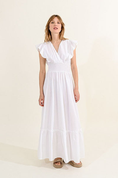 Molly Bracken White Ruffle Sleeve Dress with Fitted Waist - Simple Good