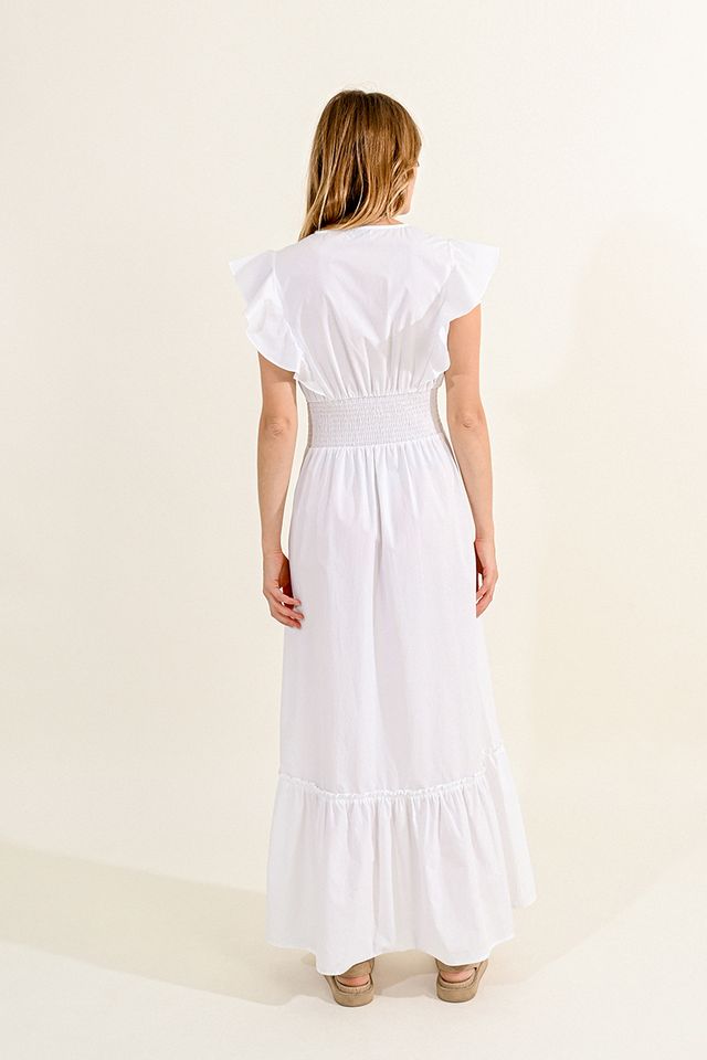 Molly Bracken White Ruffle Sleeve Dress with Fitted Waist - Simple Good