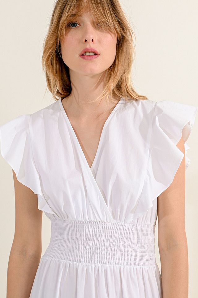Molly Bracken White Ruffle Sleeve Dress with Fitted Waist - Simple Good