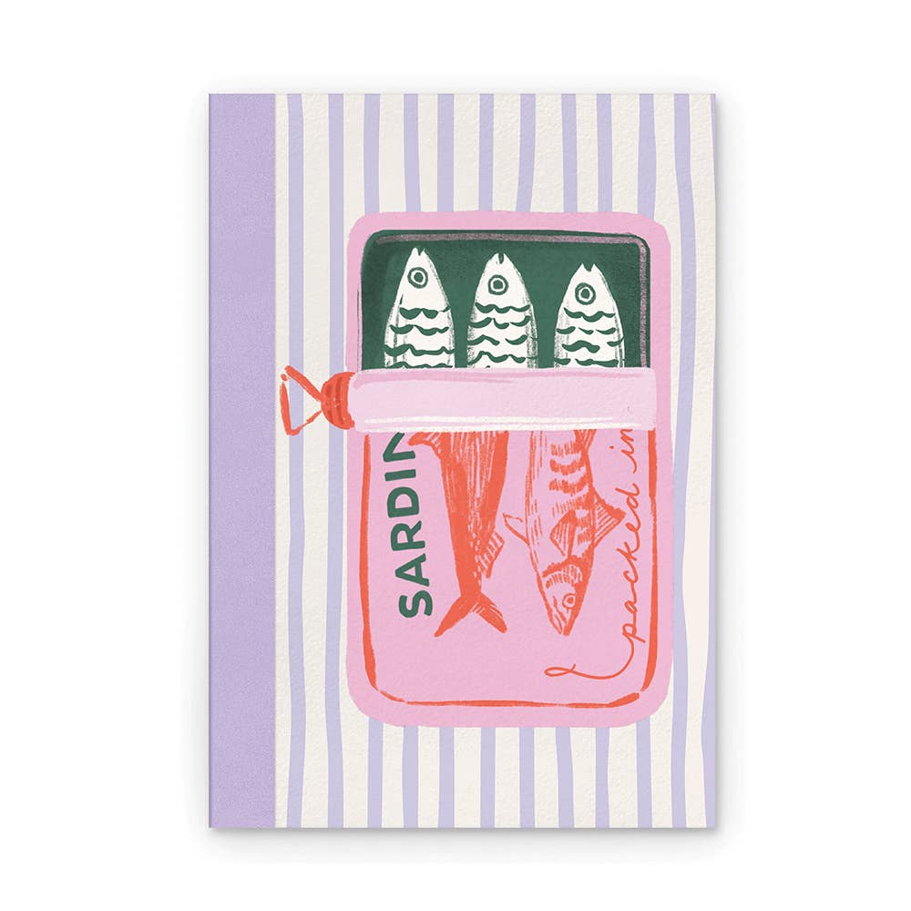 Notebook with sardine can design on a striped background