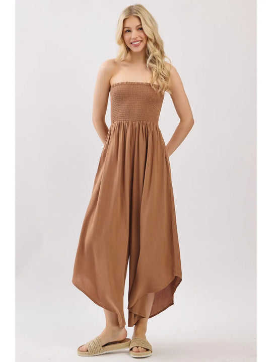 Solid Smocked Detailed Off Shoulder Jumpsuit