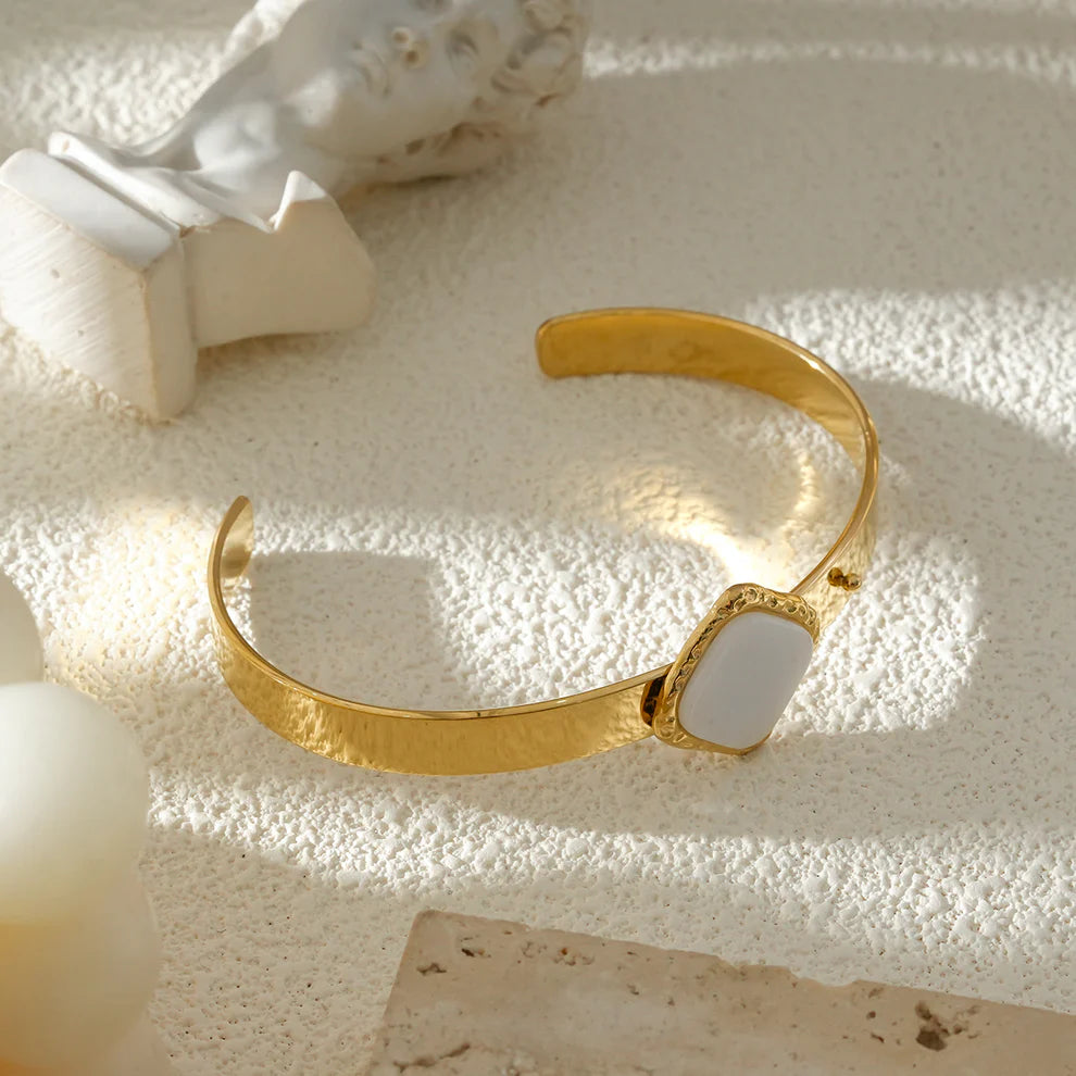 Smooth Cuff Bracelet with White Stone