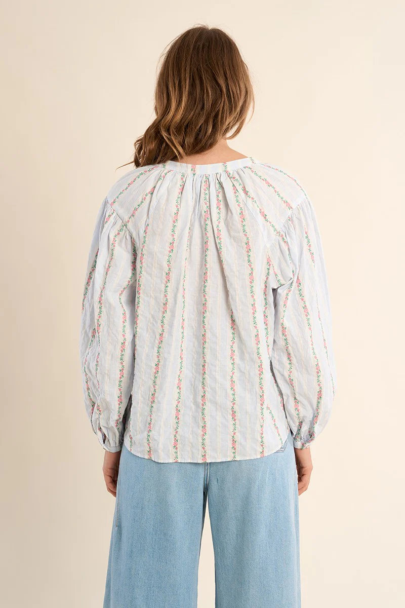 Cotton Striped Floral Embroidered Blouse