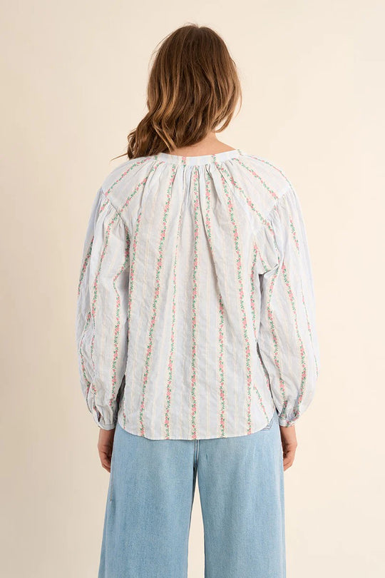 Cotton Striped Floral Embroidered Blouse