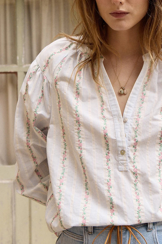 Cotton Striped Floral Embroidered Blouse