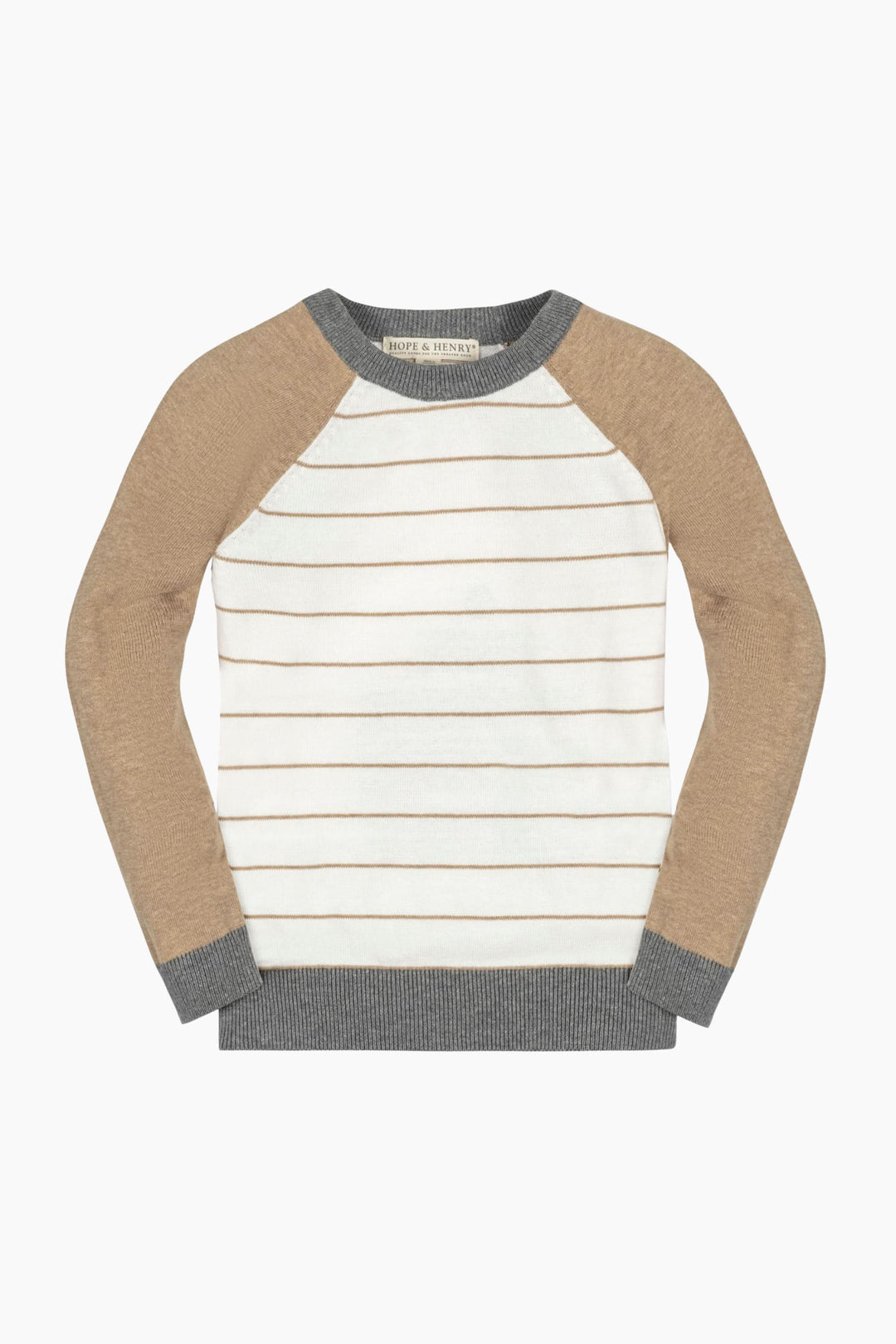Striped sweater with brown sleeves and gray cuffs on a white background