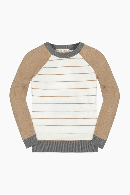 Striped sweater with brown sleeves and gray cuffs on a white background