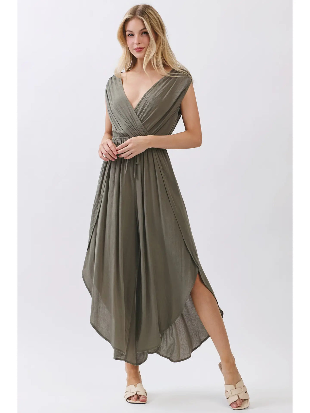 Surplice Drop Shoulder Wide Leg Jumpsuit