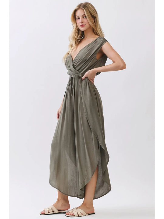 Surplice Drop Shoulder Wide Leg Jumpsuit