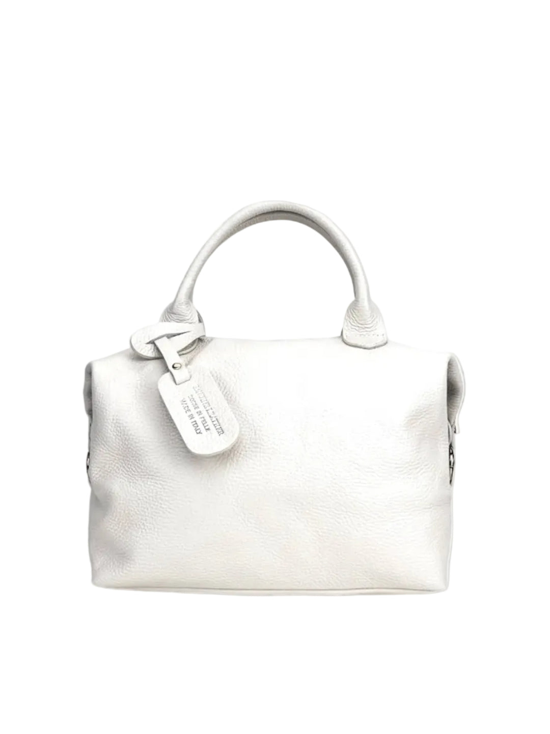 White handbag with a visible brand tag on a white background