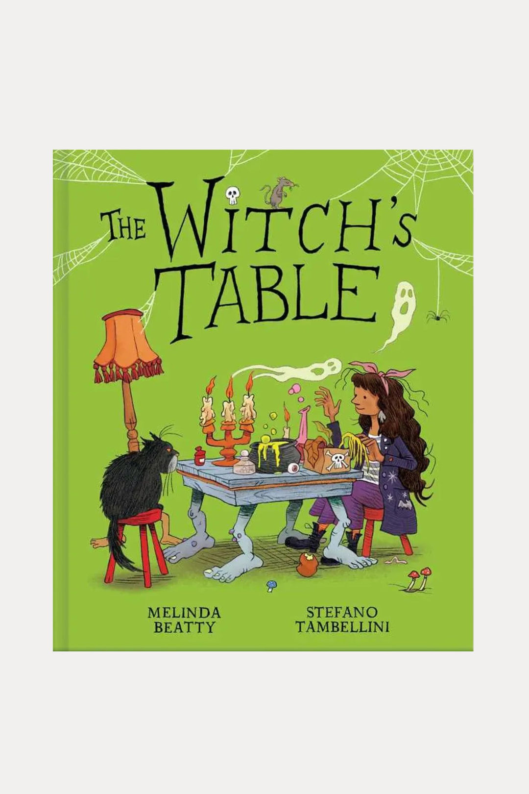 Book cover of 'The Witch's Table' with a green background and illustrations of a witch, cat, and table.