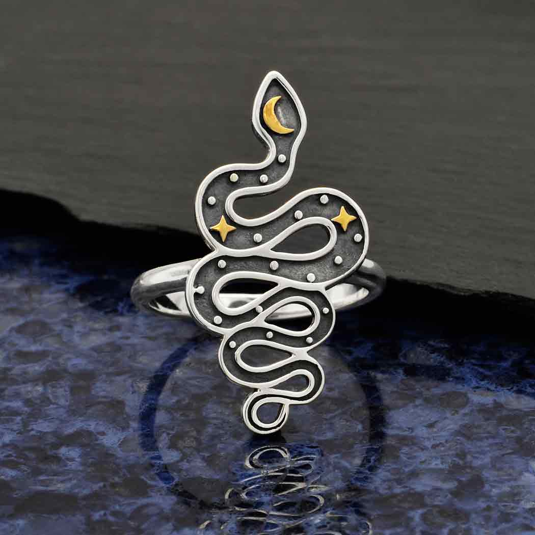 Nina Designs Sterling Silver Snake Ring with Bronze Stars and Moon - Simple Good