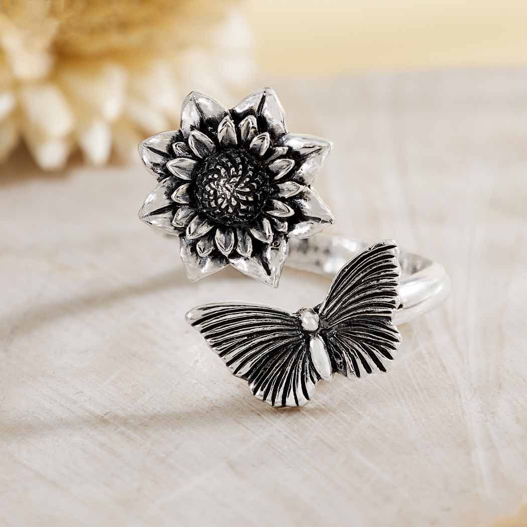 Nina Designs Sterling Silver Dahlia and Butterfly Ring - Simple Good