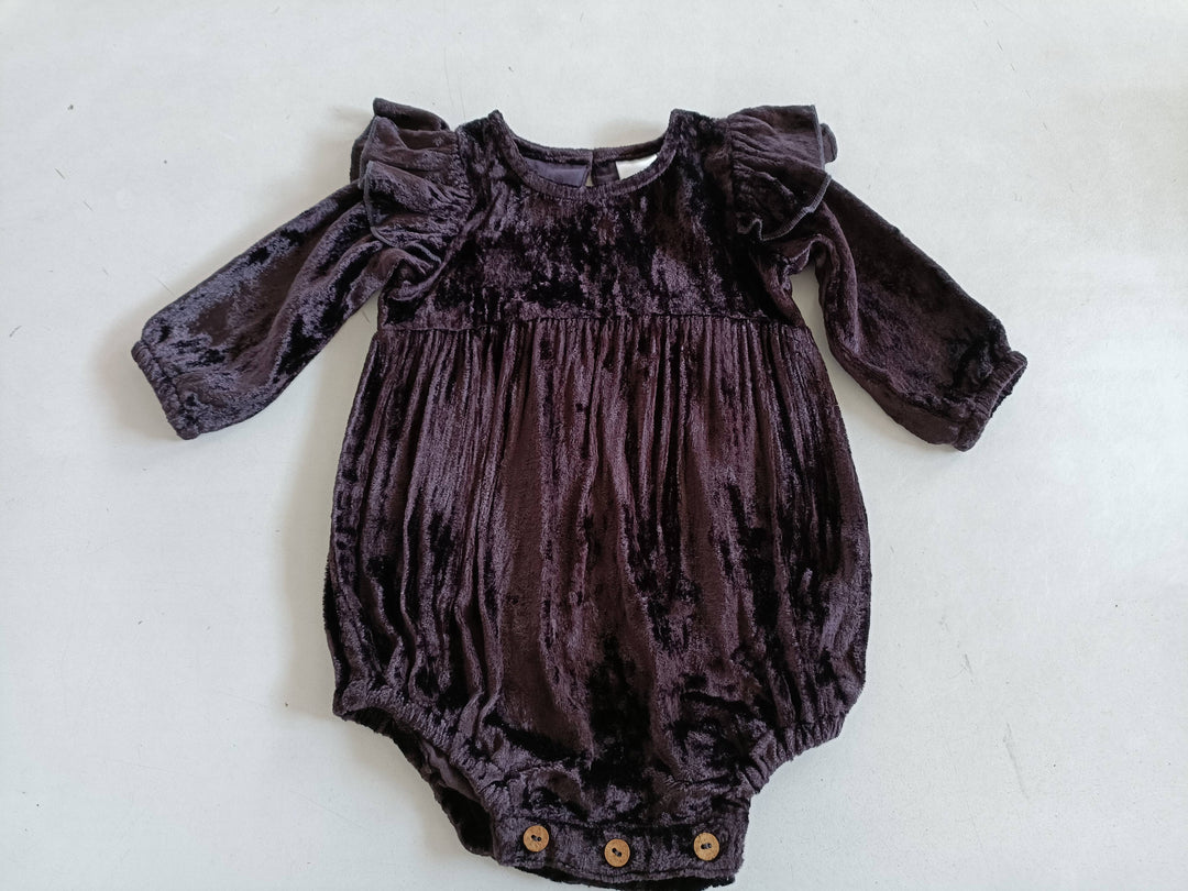 Yo Baby Brown Viscose Velvet Full Sleeves Ruffle Romper - Simple Good