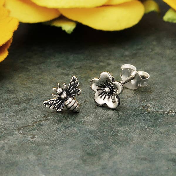 Nina Designs Sterling Silver Post Earrings Cherry Blossom and Bee 7x7mm - Simple Good