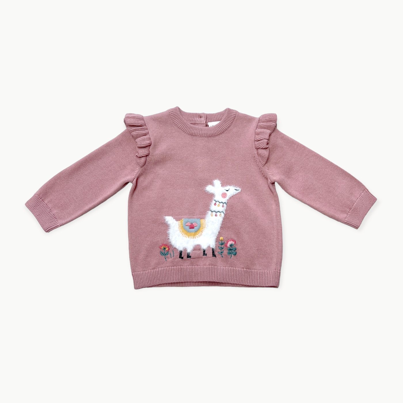 Viverano Organics Llama Ruffle Baby Girl Pullover Sweater (Organic Cotton): 12-18 / Vintage Rose - Simple Good