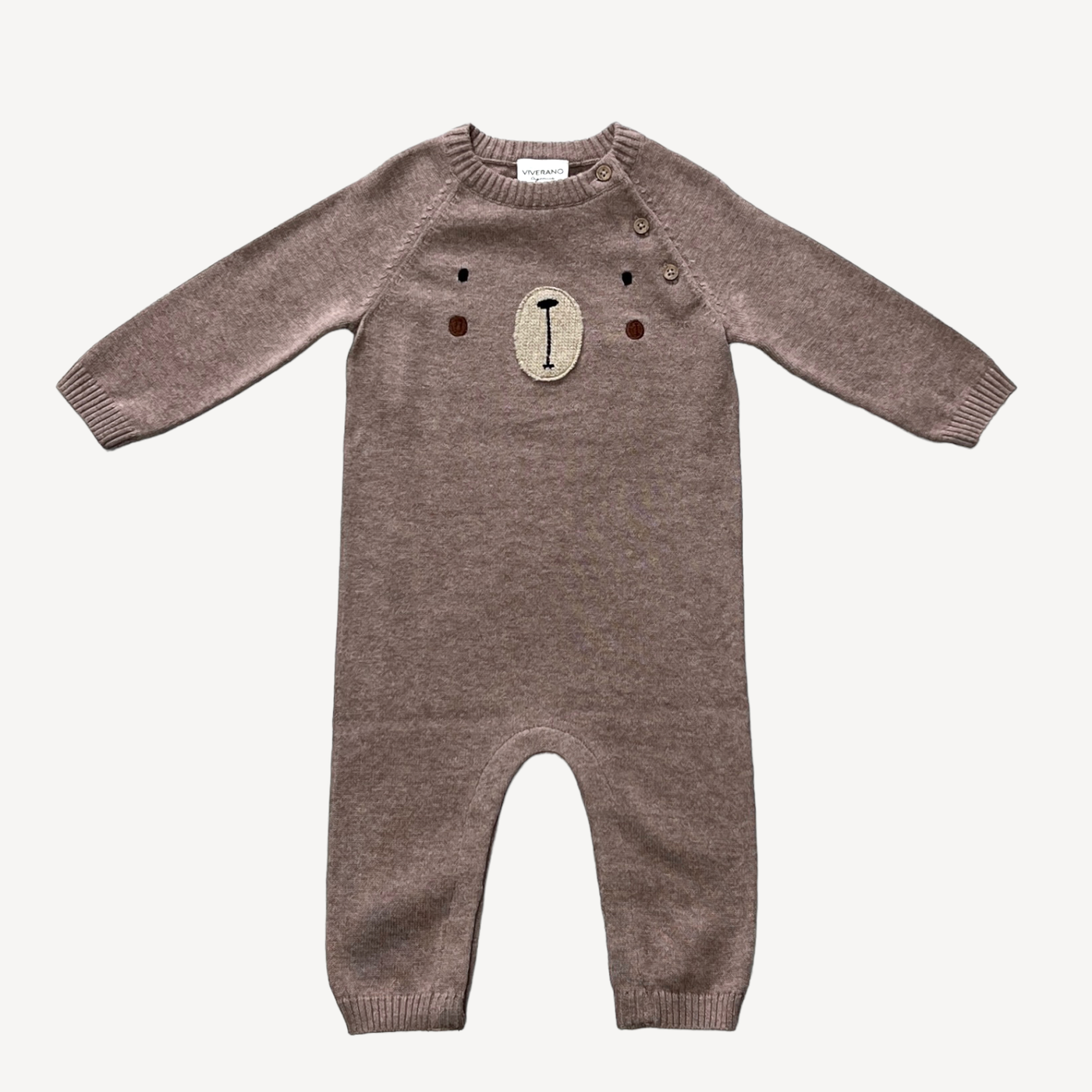 Viverano Organics Bear Embroidered Long Sleeve Knit Baby Jumpsuit (Organic): 12-18 / Cafe Latte - Simple Good