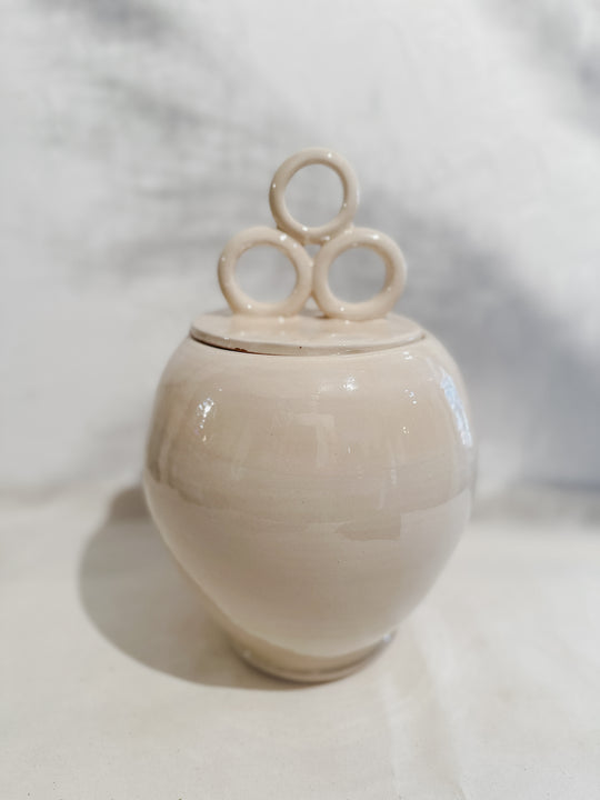 Roca Caus White Terracotta Jar with 3 Circles Lid - Simple Good