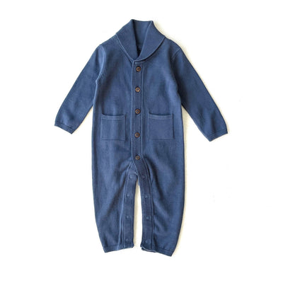 Viverano Organics Milan Earthy Shawl Sweater Knit Baby Jumpsuit Organic Cotton: Dusty Blue / 3-6 Month - Simple Good
