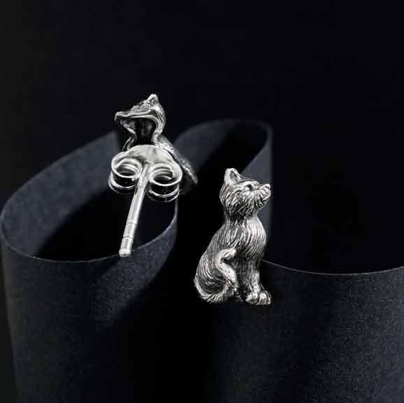 Nina Designs Sterling Silver 3D Sitting Cat Post Earrings 11x7mm - Simple Good